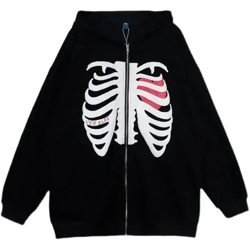 Back To School Sonicelife Harajuku Solid Color Retro Zip-up Y2K Anime Gothic Hoodies Korean Style Loose Skull Print Goth Grunge Long-sleeved Hooded Coats