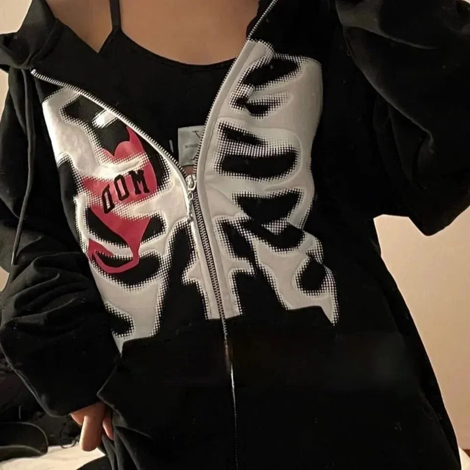 Back To School Sonicelife Harajuku Solid Color Retro Zip-up Y2K Anime Gothic Hoodies Korean Style Loose Skull Print Goth Grunge Long-sleeved Hooded Coats
