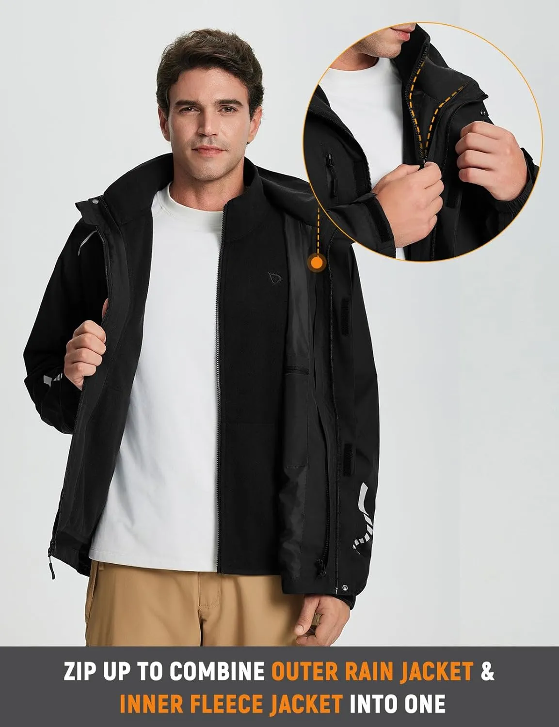 baleaf Men's Rain Jacket 3 In 1 Winter Ski Waterproof Windbreaker Hooded Reflective Packable with Polar Fleece Jacket