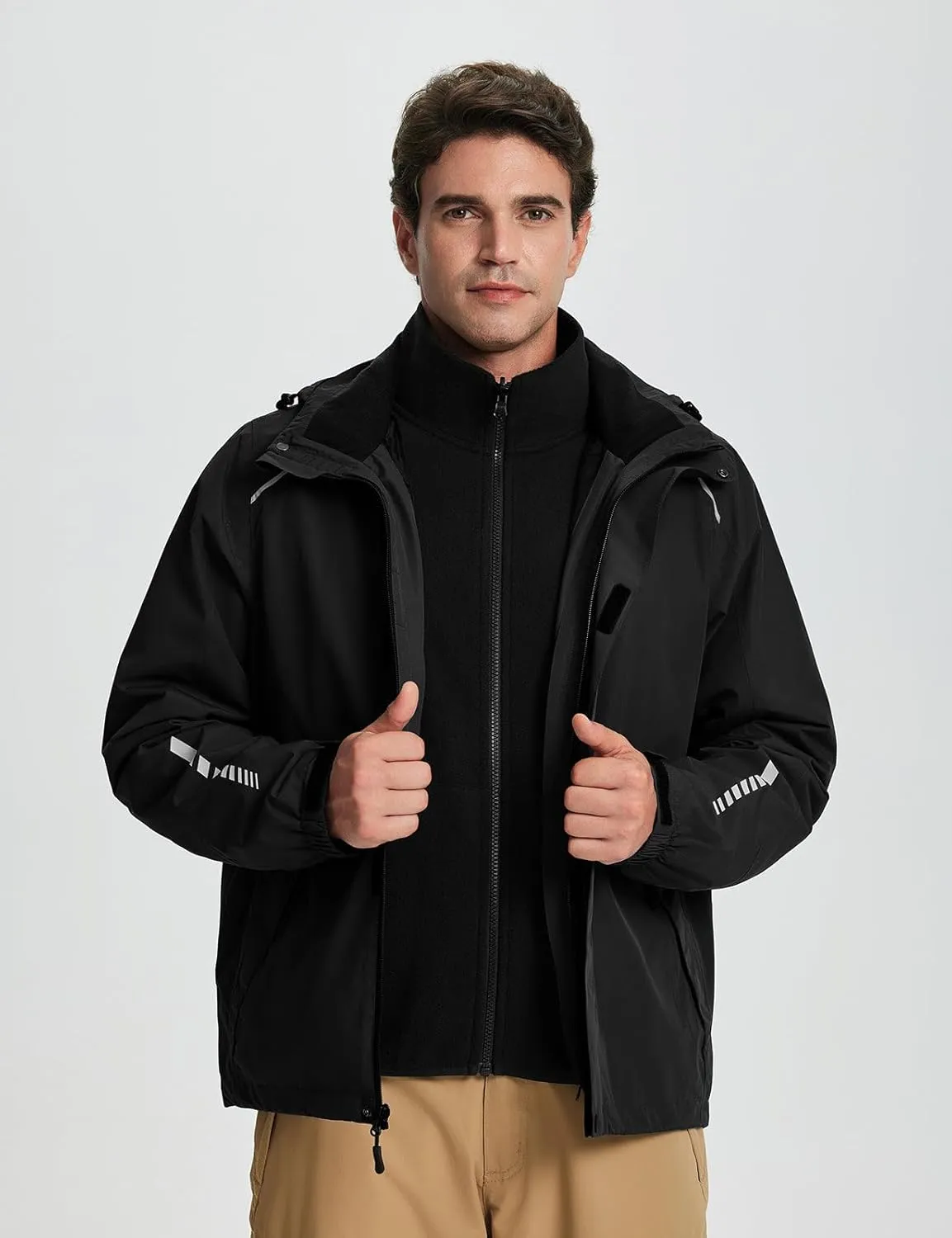 baleaf Men's Rain Jacket 3 In 1 Winter Ski Waterproof Windbreaker Hooded Reflective Packable with Polar Fleece Jacket