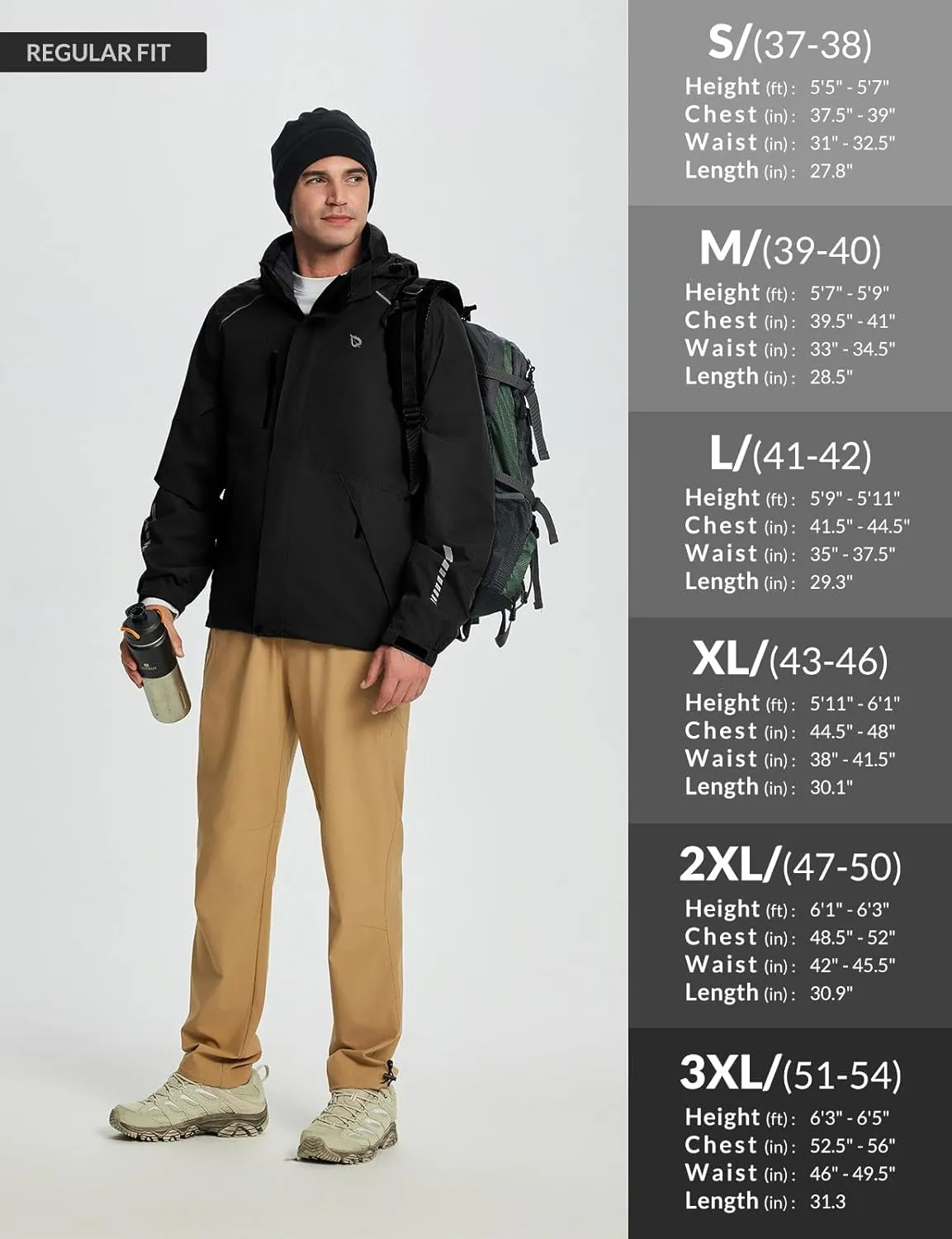 baleaf Men's Rain Jacket 3 In 1 Winter Ski Waterproof Windbreaker Hooded Reflective Packable with Polar Fleece Jacket