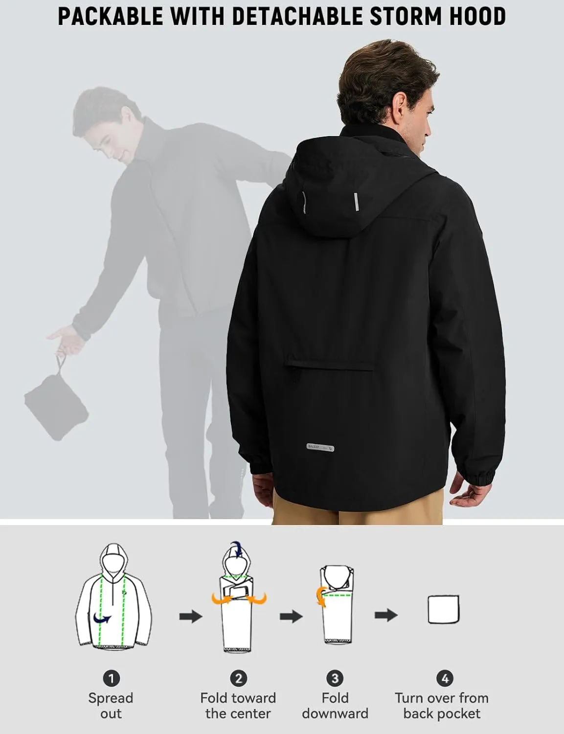 baleaf Men's Rain Jacket 3 In 1 Winter Ski Waterproof Windbreaker Hooded Reflective Packable with Polar Fleece Jacket