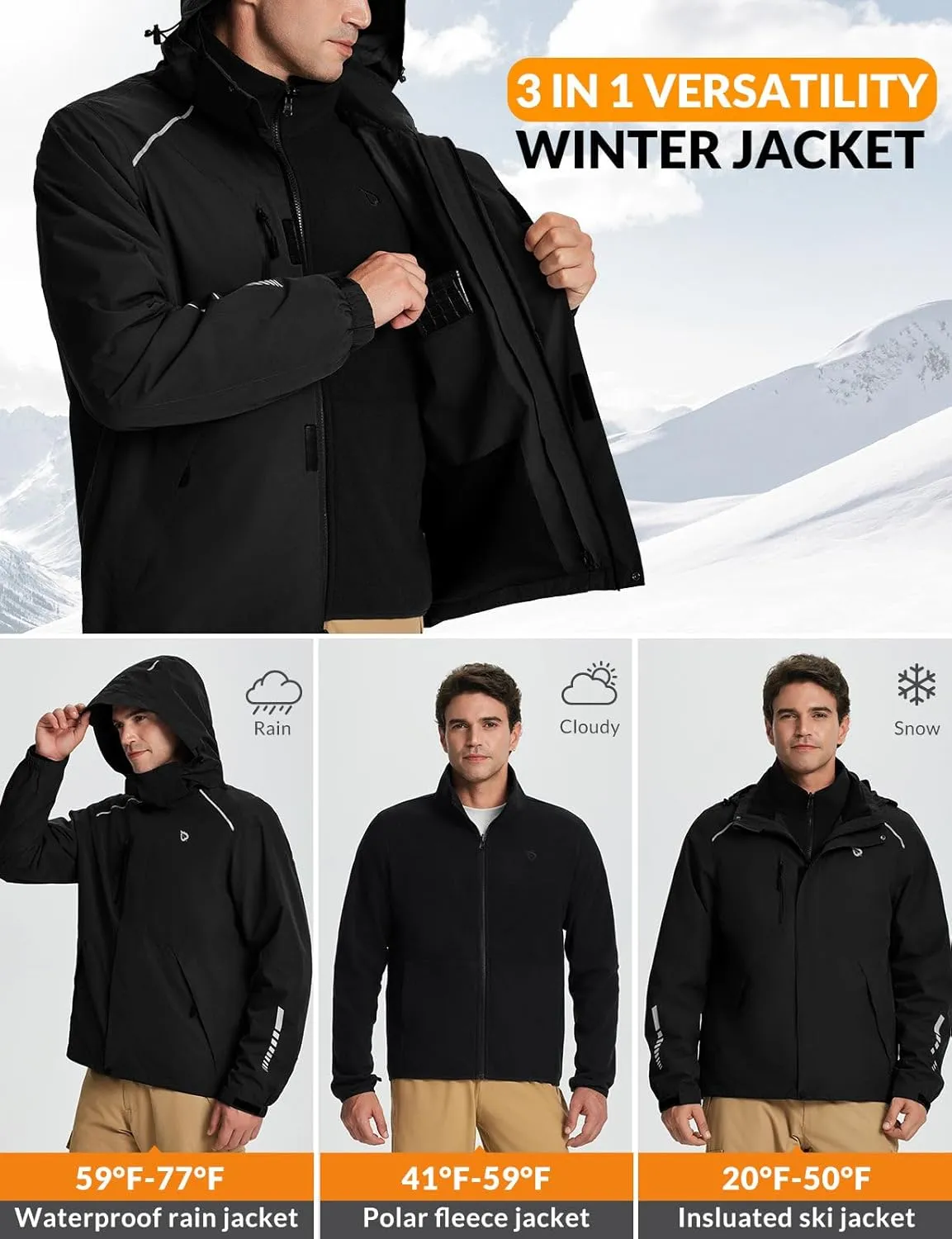 baleaf Men's Rain Jacket 3 In 1 Winter Ski Waterproof Windbreaker Hooded Reflective Packable with Polar Fleece Jacket