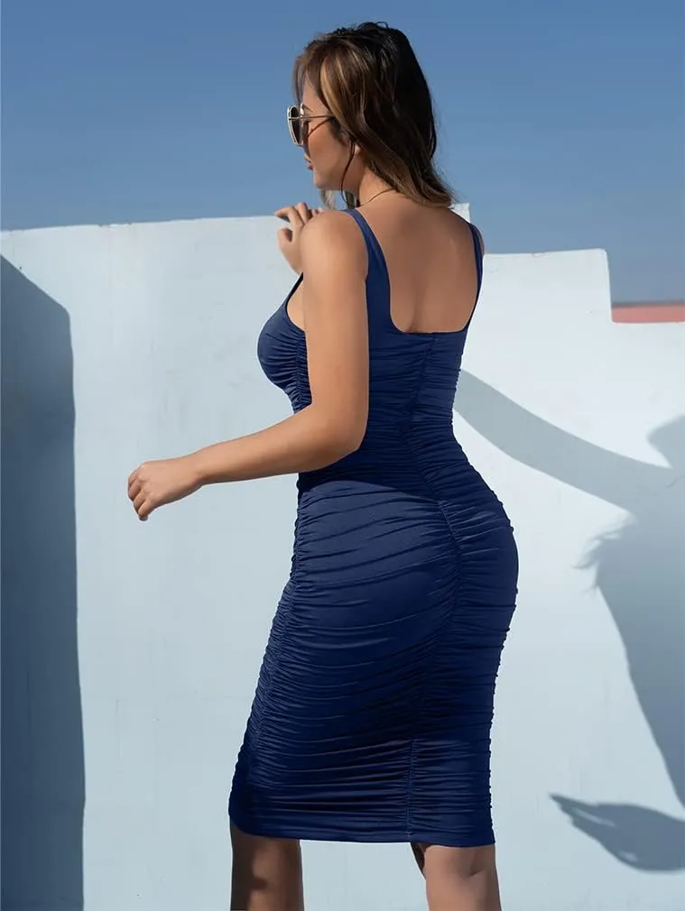 BEAGIMEG Women's Sexy Tank Top Bodycon Ruched Sleeveless Basic Midi Party Dress