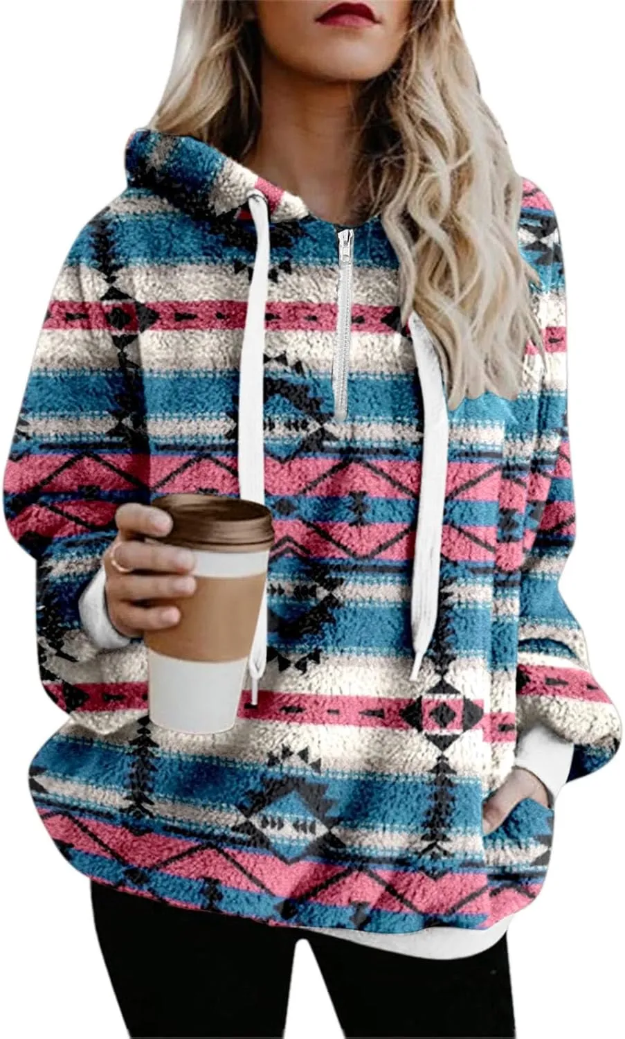 Bengbobar Women Western Sherpa Pullover Quarter Zip Long Sleeve Fluffy Aztec Fleece Jacket Sweatshirts Hoodies Coat Sweaters