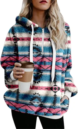 Bengbobar Women Western Sherpa Pullover Quarter Zip Long Sleeve Fluffy Aztec Fleece Jacket Sweatshirts Hoodies Coat Sweaters