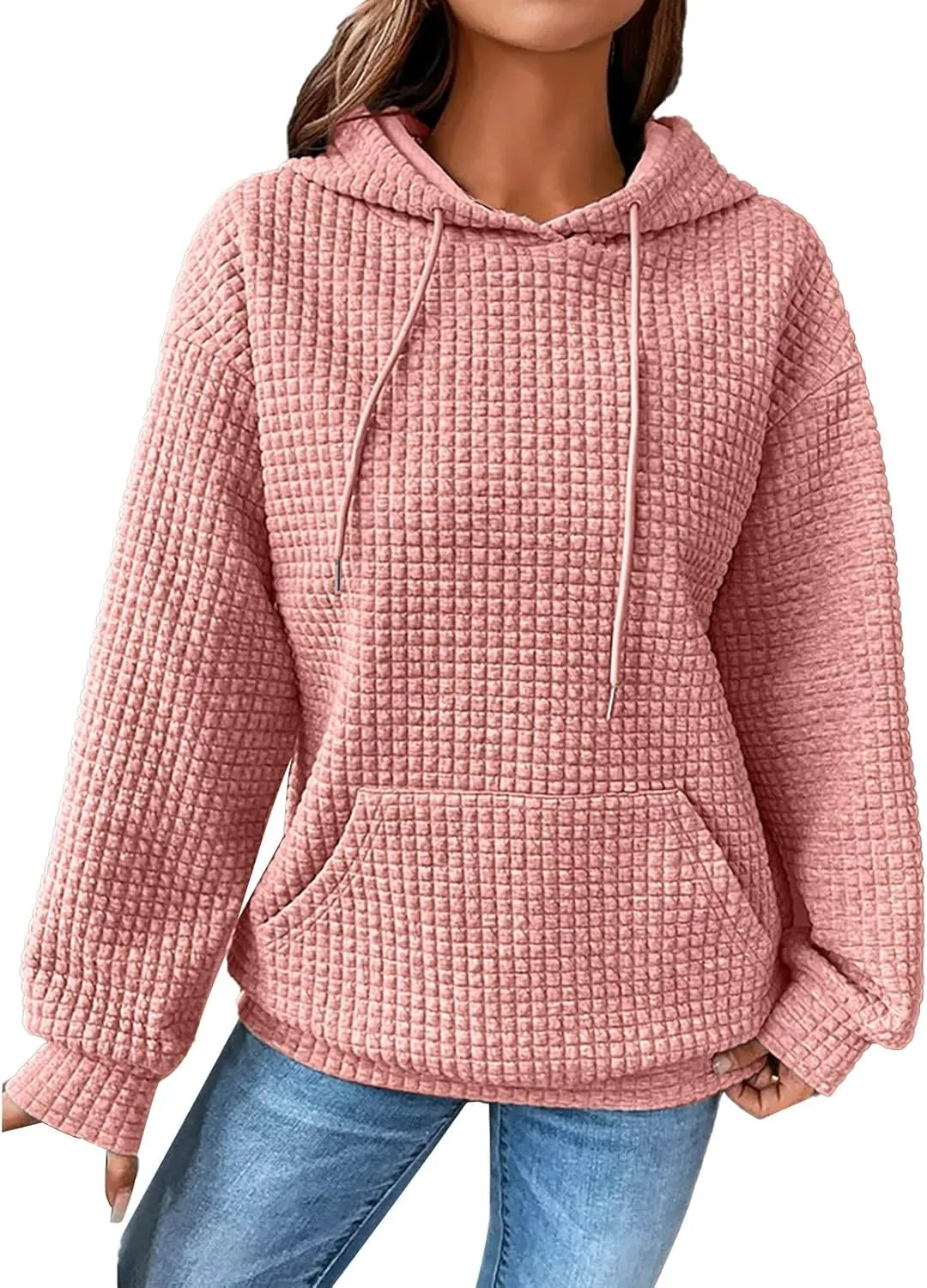 best prime deals sales today clearance items Waffle Knit Hoodies for Women Oversized Casual Drawstring Sweatshirts Dressy Long Sleeve Pullover Tops with Pockets limited deals Pink-c 3X-Large