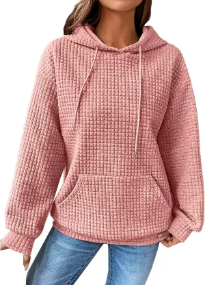 best prime deals sales today clearance items Waffle Knit Hoodies for Women Oversized Casual Drawstring Sweatshirts Dressy Long Sleeve Pullover Tops with Pockets limited deals Pink-c 3X-Large