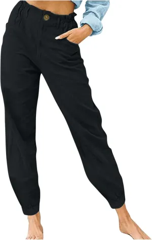 Binmer Summer Casual Linen Capri Pants for Womens Elastic Waist Cropped Comfy Baggy Trousers with Pockets 2024 Fashion