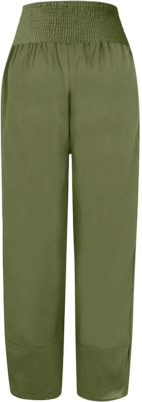 Binmer Women Capri Pants 2024 Summer Trendy Linen Cropped Trouser with Pockets Fashion Casual High Waist Beach Capris Clothes
