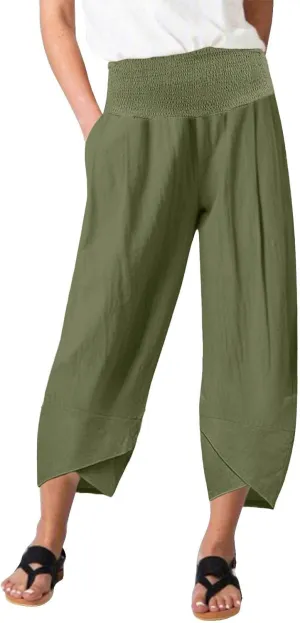 Binmer Women Capri Pants 2024 Summer Trendy Linen Cropped Trouser with Pockets Fashion Casual High Waist Beach Capris Clothes