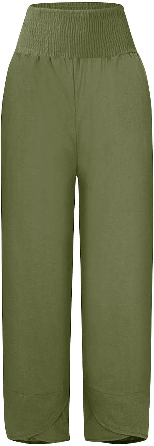 Binmer Women Capri Pants 2024 Summer Trendy Linen Cropped Trouser with Pockets Fashion Casual High Waist Beach Capris Clothes