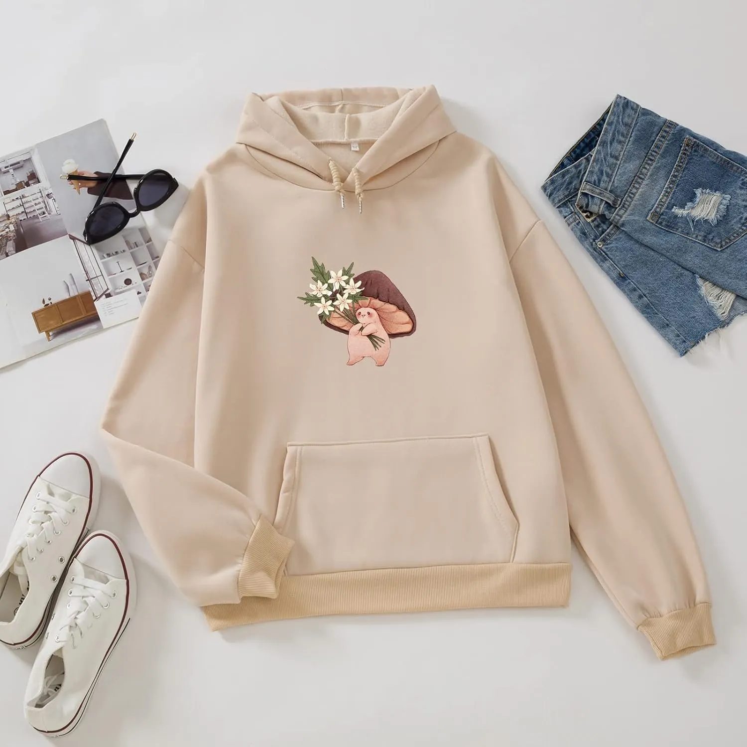 Bobeutou Cute Mushroom Graphic Kawaii Sweatshirt for Teen Girls Oversized Aesthetic Warm Hoodie Tops with Pocket Pullover
