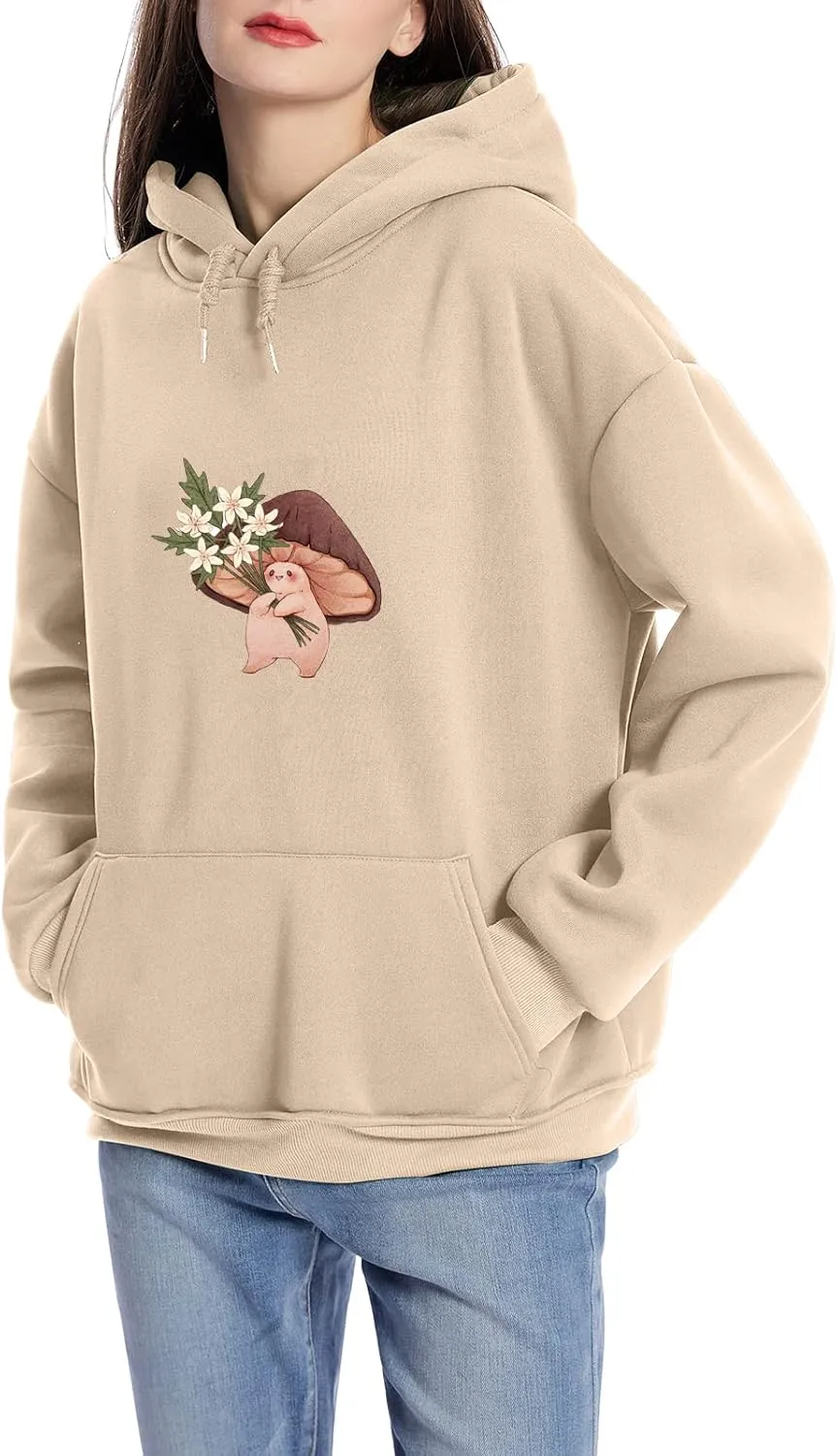 Bobeutou Cute Mushroom Graphic Kawaii Sweatshirt for Teen Girls Oversized Aesthetic Warm Hoodie Tops with Pocket Pullover