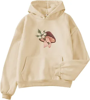 Bobeutou Cute Mushroom Graphic Kawaii Sweatshirt for Teen Girls Oversized Aesthetic Warm Hoodie Tops with Pocket Pullover