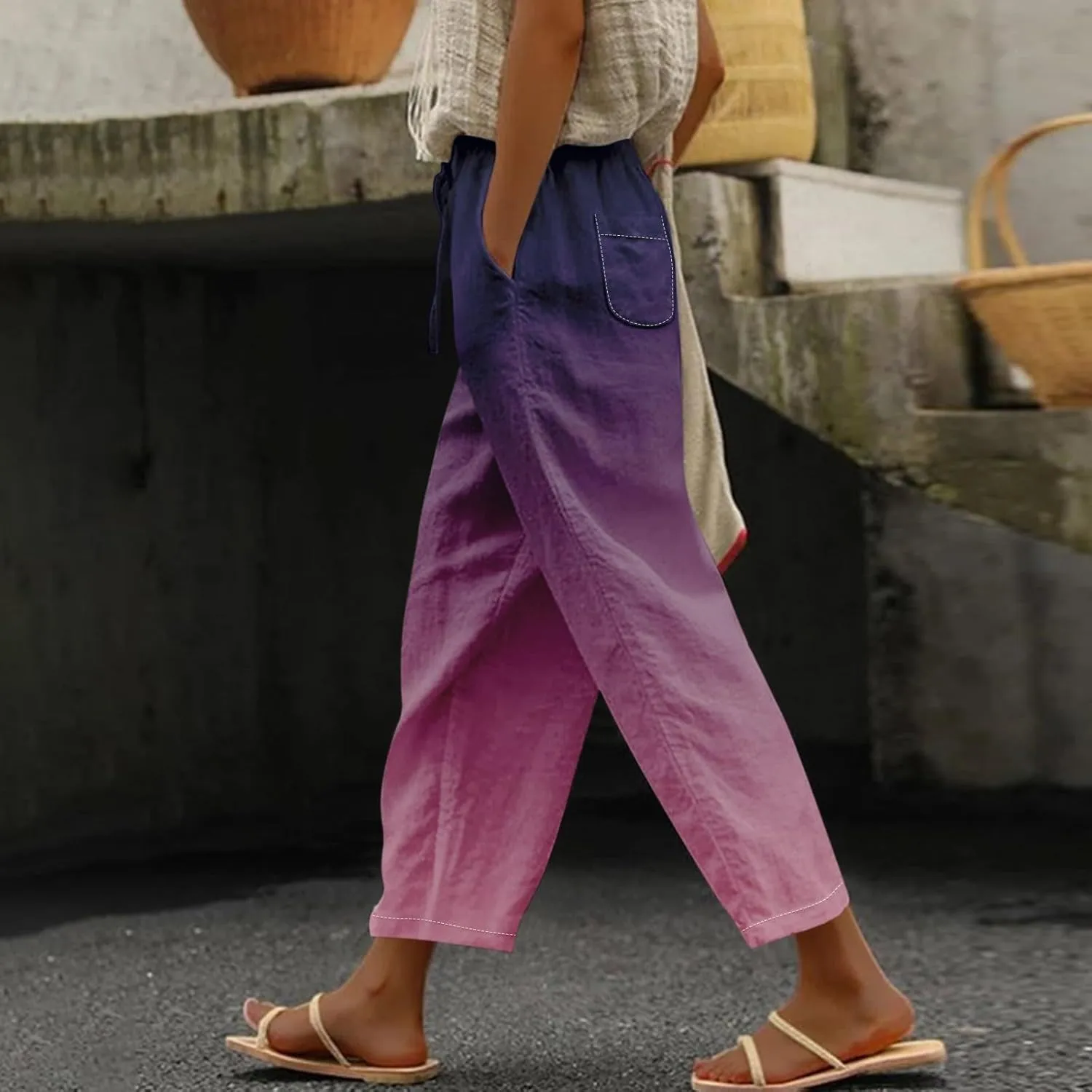 Boho Summer Capris for Women Linen Cropped Pants with Adjustable Drawstring Wide Leg 2025 Travel Casual