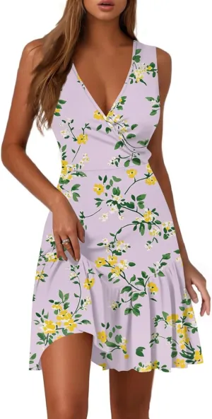 Boho V Neck Dresses for Women 2025 Summer A Line Floral Dress Short Wrap Sleeveless Party Cocktail Midi Sundress