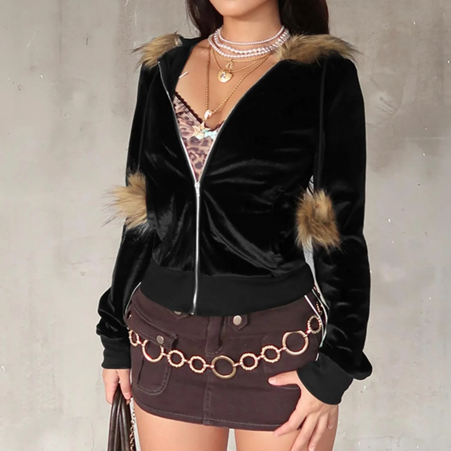 Boslog Velvet Hoodies for Women, Long Sleeve Zip Sweatshirt Crop Top Jackets with Fur Hooded Drawstrings, Retro Y2k