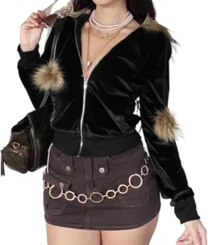 Boslog Velvet Hoodies for Women, Long Sleeve Zip Sweatshirt Crop Top Jackets with Fur Hooded Drawstrings, Retro Y2k