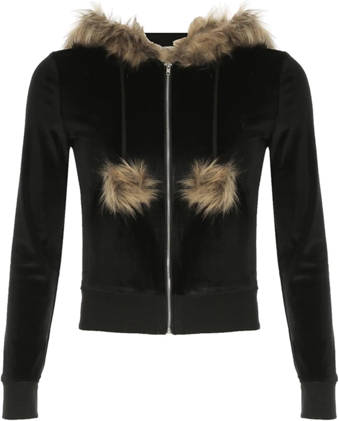 Boslog Velvet Hoodies for Women, Long Sleeve Zip Sweatshirt Crop Top Jackets with Fur Hooded Drawstrings, Retro Y2k