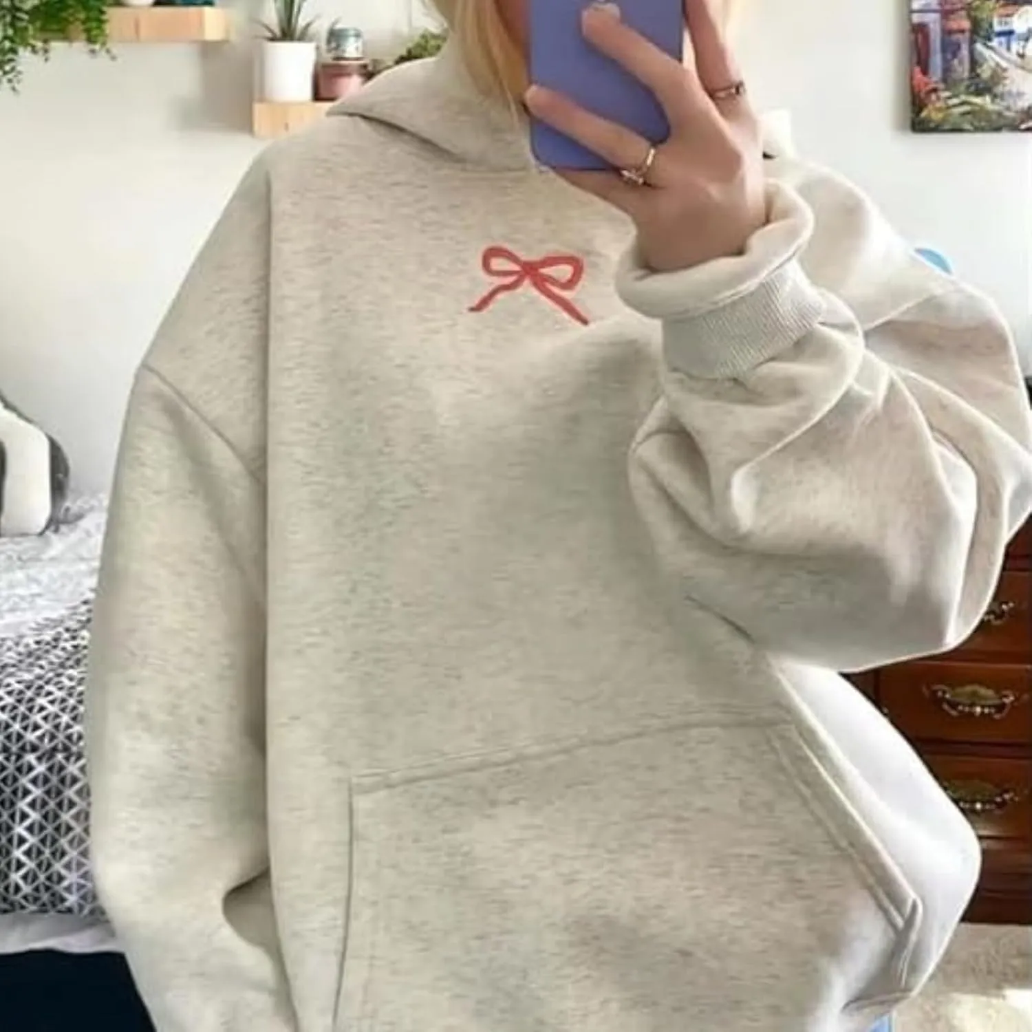 Bow Hoodie Hibiscus Women Oversized Cute Graphic Embroidered Preppy Y2K Long Sleeve Sweatshirt Pullover