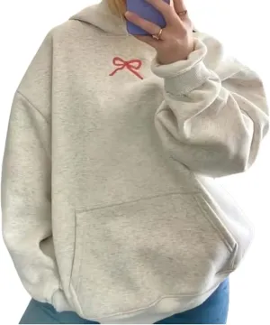 Bow Hoodie Hibiscus Women Oversized Cute Graphic Embroidered Preppy Y2K Long Sleeve Sweatshirt Pullover
