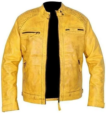 Brown Biker Leather Jacket Men - Real Lambskin Leather Cafe Racer Distressed Motorcycle Jacket