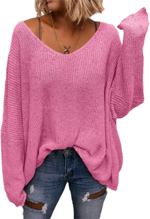 BZB Women's V Neck Long Sleeve Knit Loose Oversized Pullover Sweater Top