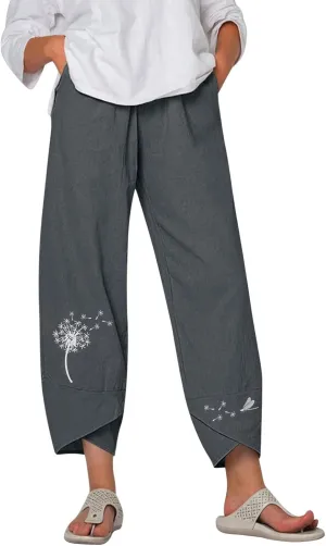 Capri Pants for Women Boho Summer Elastic Waist Casual Pants Butterfly Lightweight Straight Leg Trousers