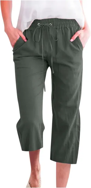 Capri Pants for Women Casual 2025 Summer Drawstring Elastic Waist Linen Pant Straight Wide Leg Pocket Cropped Trouser