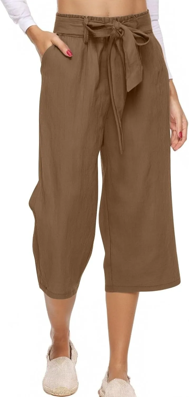 Capri Pants for Women High Waist Linen Casual Pant 2025 Summer Drawstring Elastic Wide Leg Plus Size Lounge Trouser