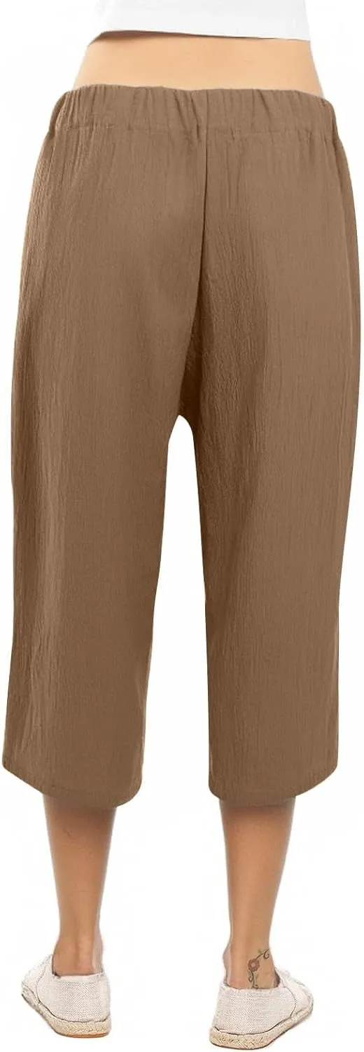 Capri Pants for Women High Waist Linen Casual Pant 2025 Summer Drawstring Elastic Wide Leg Plus Size Lounge Trouser