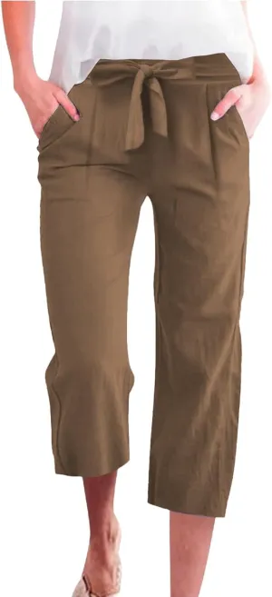 Capri Pants for Women High Waist Linen Casual Pant 2025 Summer Drawstring Elastic Wide Leg Plus Size Lounge Trouser