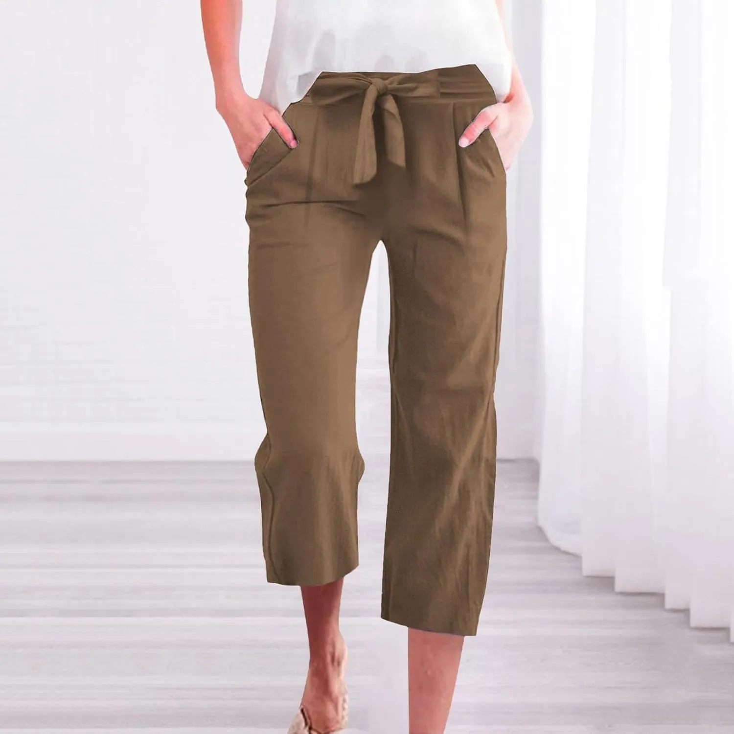 Capri Pants for Women High Waist Linen Casual Pant 2025 Summer Drawstring Elastic Wide Leg Plus Size Lounge Trouser