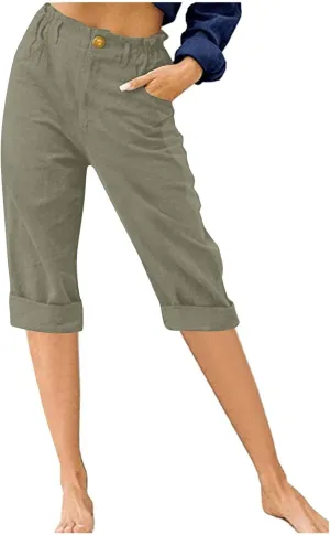 Capris for Women 2025 Summer Casual Plus Size Beach Cotton Linen Pants Trendy Elastic Waist Vacation Cropped Trousers
