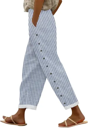Capris Pants for Women Striped Elastic Waistband High Waistband Pocket Pants Side Nine Point Loose Casual