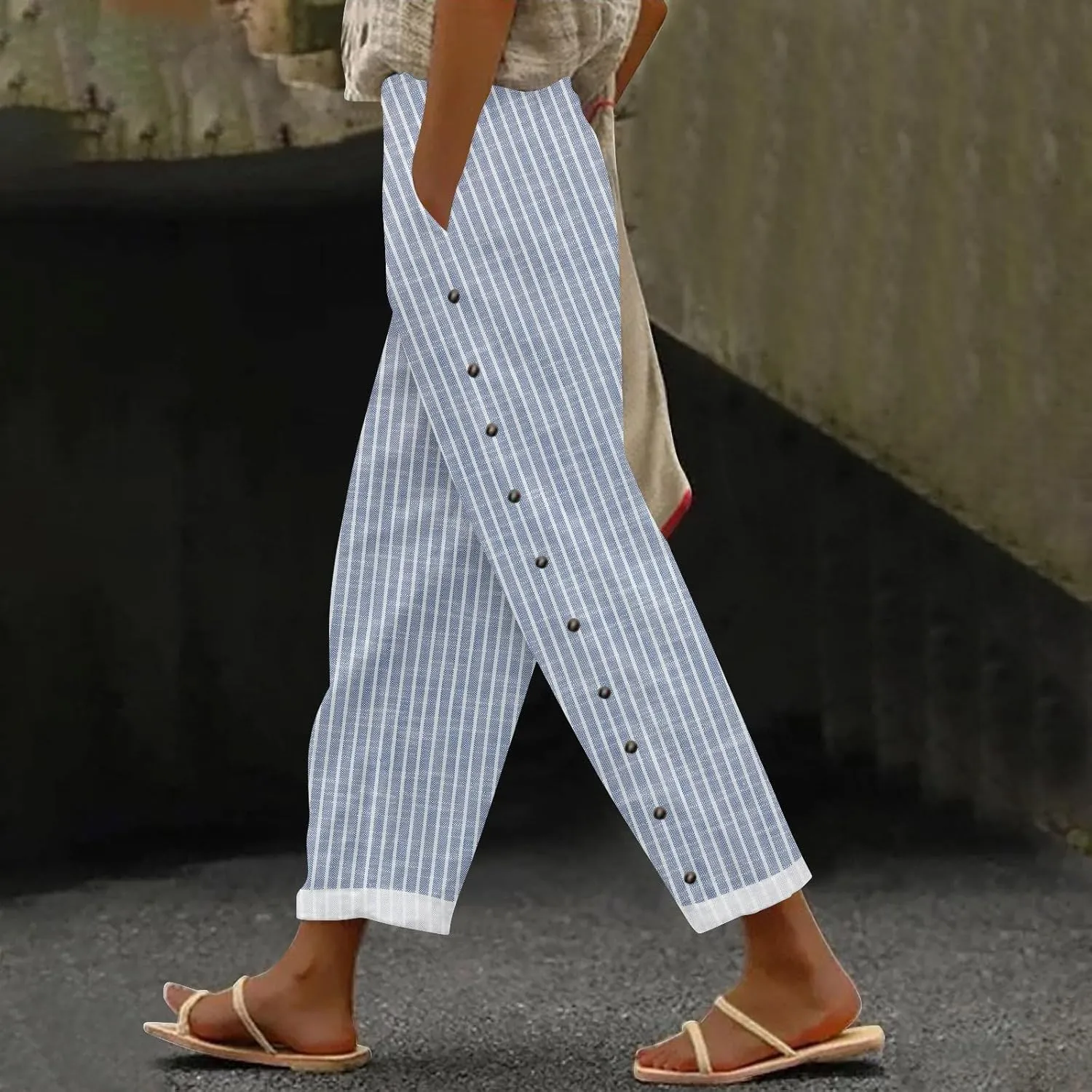 Capris Pants for Women Striped Elastic Waistband High Waistband Pocket Pants Side Nine Point Loose Casual