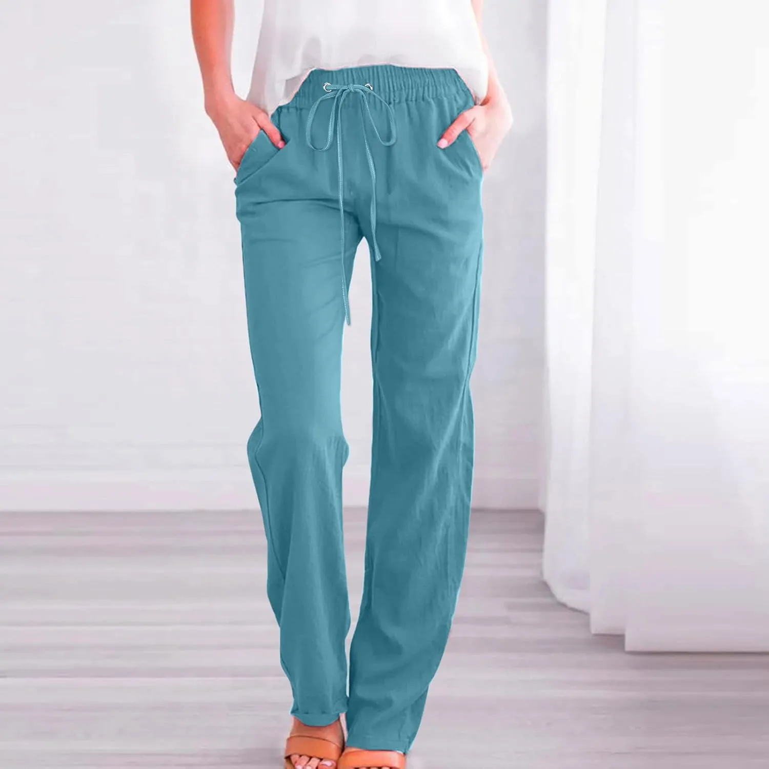 Ceboyel Women's Cotton Linen Pants Drawstring Causal Summer Pants Elastic Waist Trousers Trendy Baggy Laides Outfits 2023