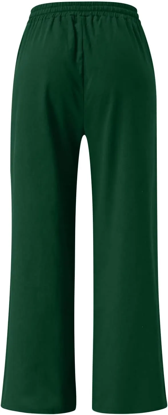 Ceboyel Womens Drawstring Linen Pants Wide Leg Lounge Trousers High Waist Palazzo Pants Boho Ladies Summer Outfits 2023