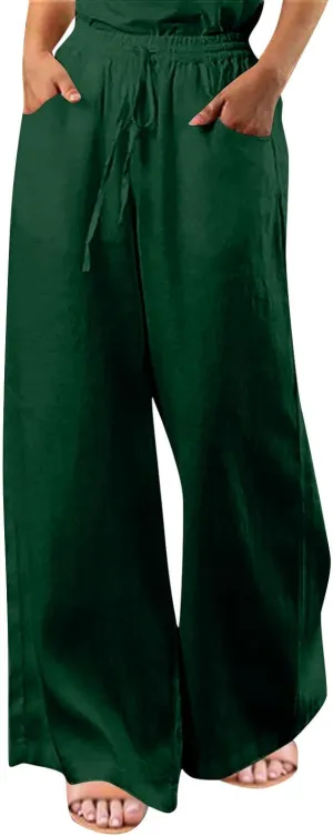 Ceboyel Womens Drawstring Linen Pants Wide Leg Lounge Trousers High Waist Palazzo Pants Boho Ladies Summer Outfits 2023