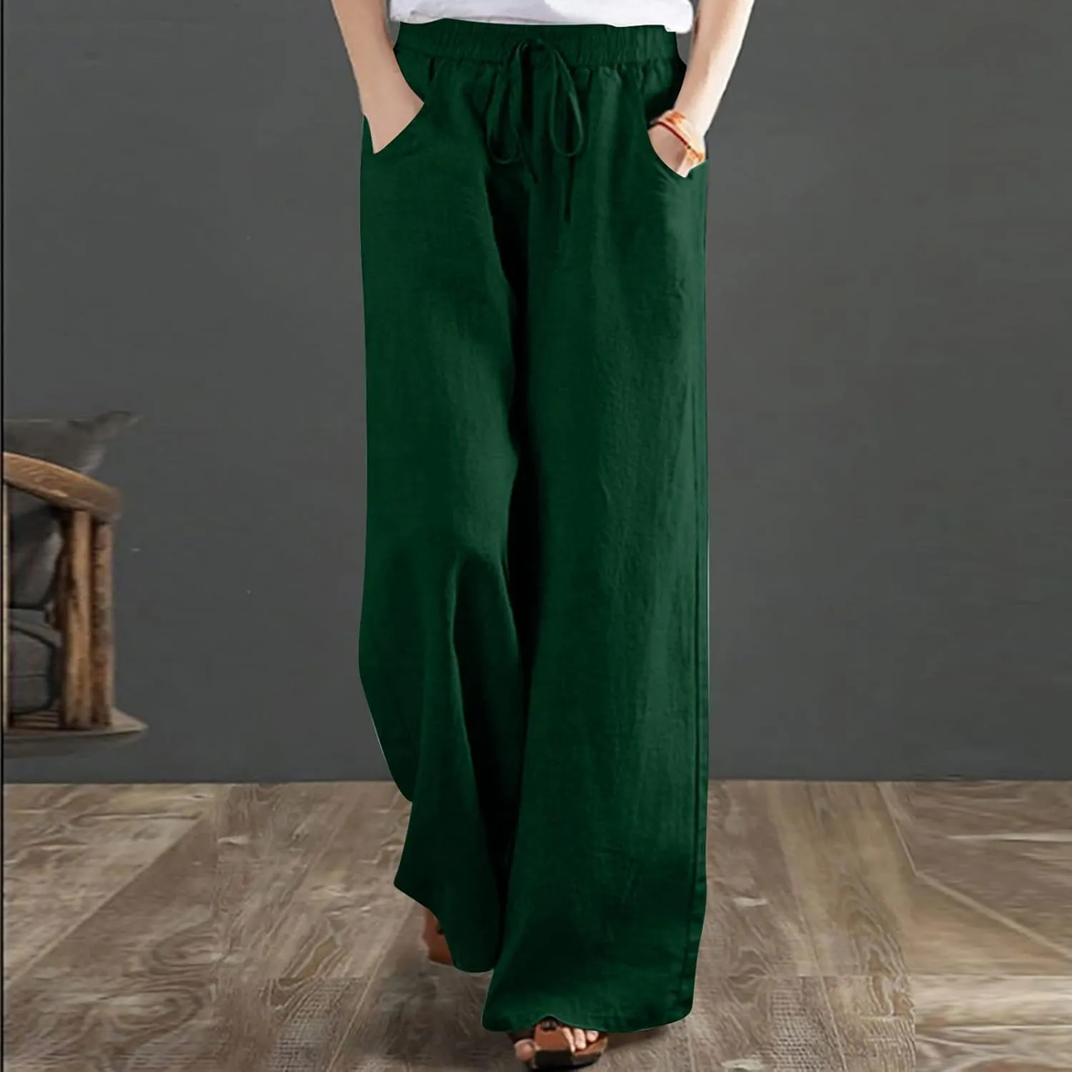 Ceboyel Womens Drawstring Linen Pants Wide Leg Lounge Trousers High Waist Palazzo Pants Boho Ladies Summer Outfits 2023
