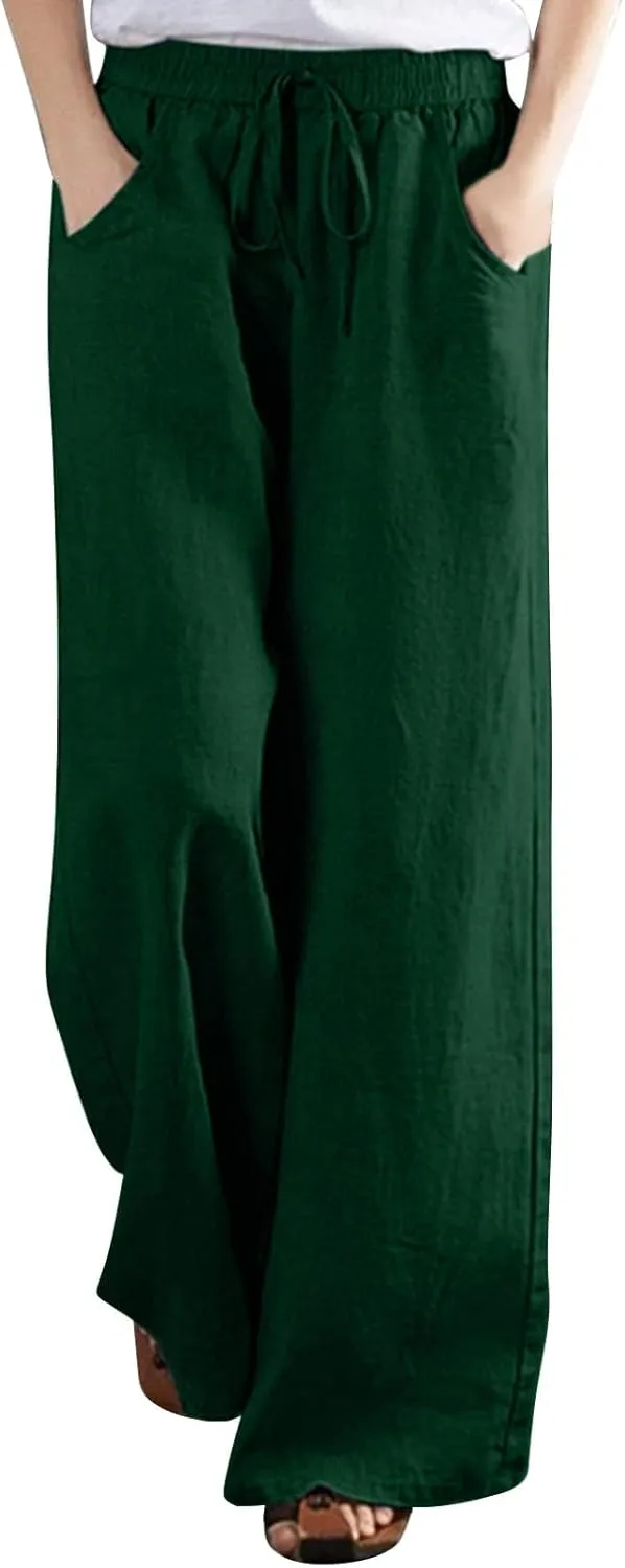 Ceboyel Womens Drawstring Linen Pants Wide Leg Lounge Trousers High Waist Palazzo Pants Boho Ladies Summer Outfits 2023