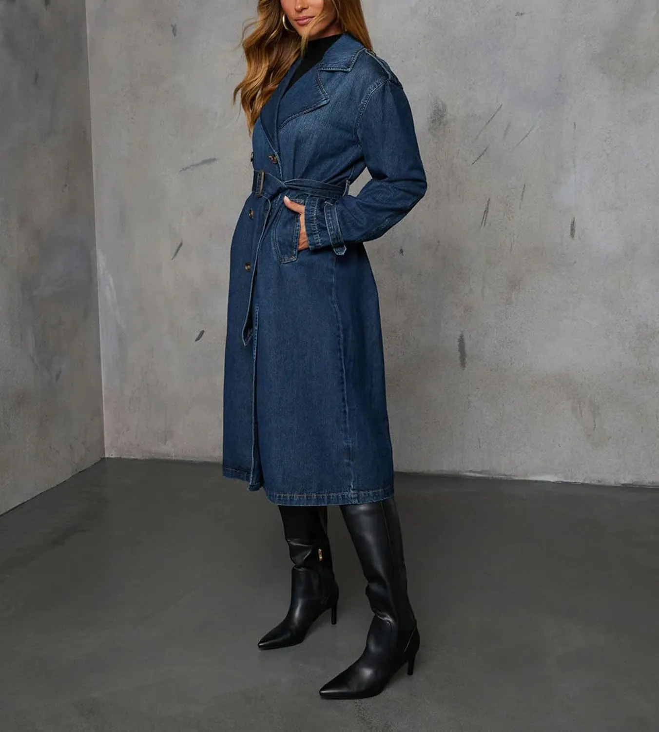 cffvdiz Women's Casual Loose Denim Jacket Vintage Long Denim Trench Coat Jacket with Adjustable Belt