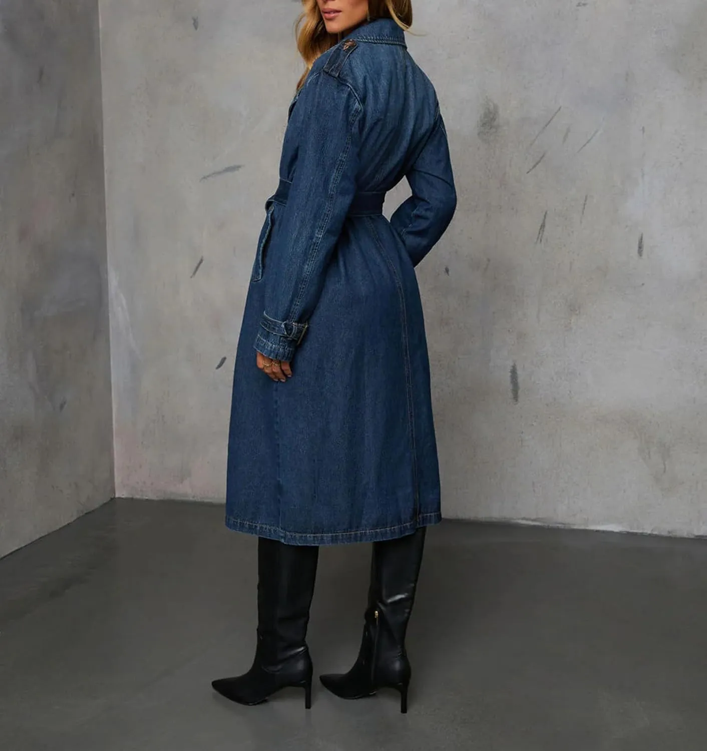 cffvdiz Women's Casual Loose Denim Jacket Vintage Long Denim Trench Coat Jacket with Adjustable Belt