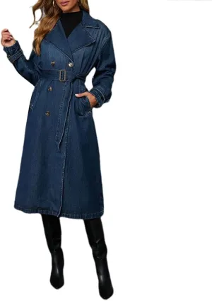 cffvdiz Women's Casual Loose Denim Jacket Vintage Long Denim Trench Coat Jacket with Adjustable Belt