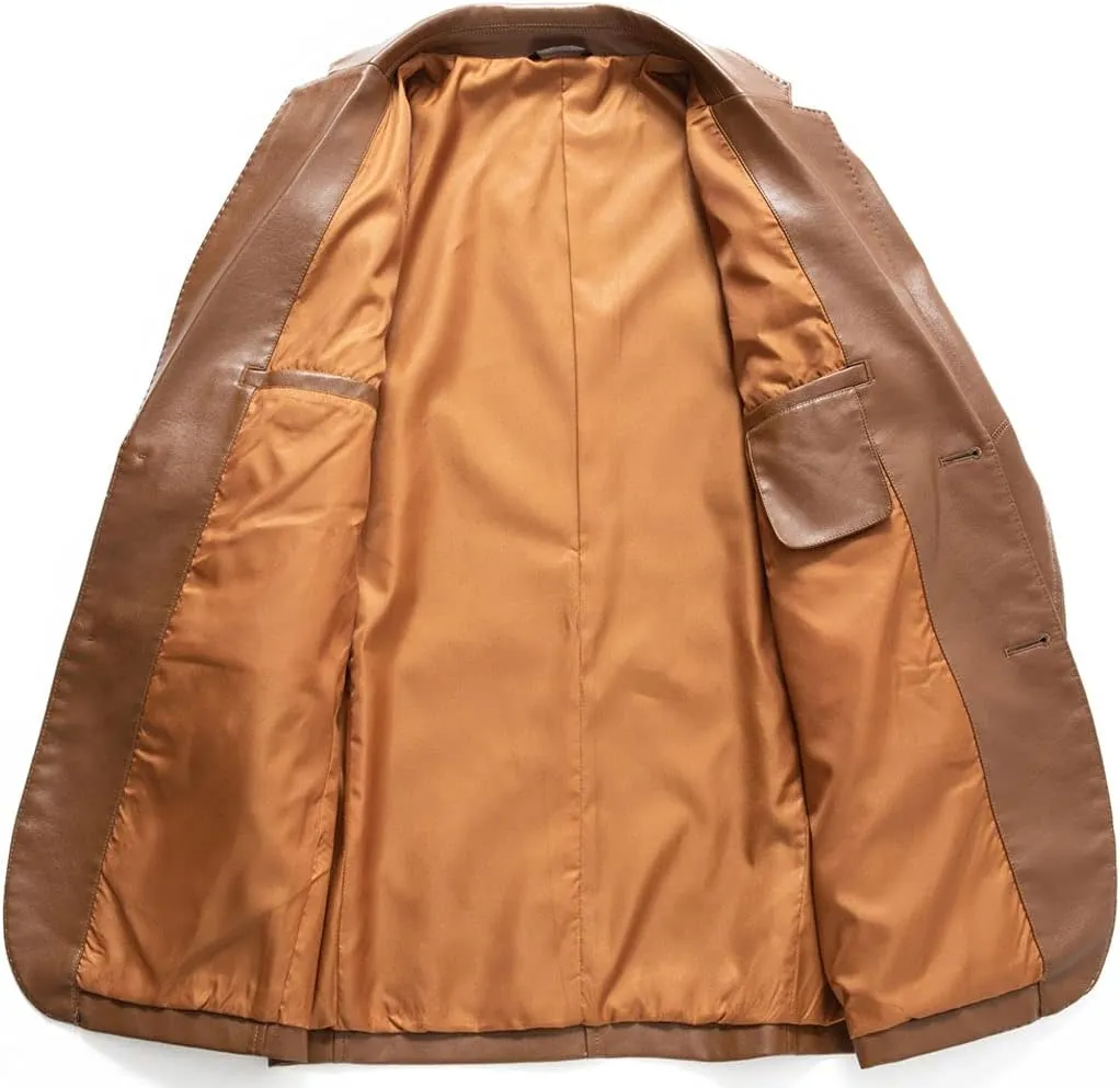 CHARTOU Men's Regular Fit Button Down Lined Business Lambskin Leather Jacket Blazer with Pockets