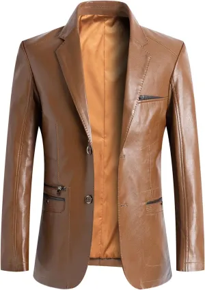 CHARTOU Men's Regular Fit Button Down Lined Business Lambskin Leather Jacket Blazer with Pockets