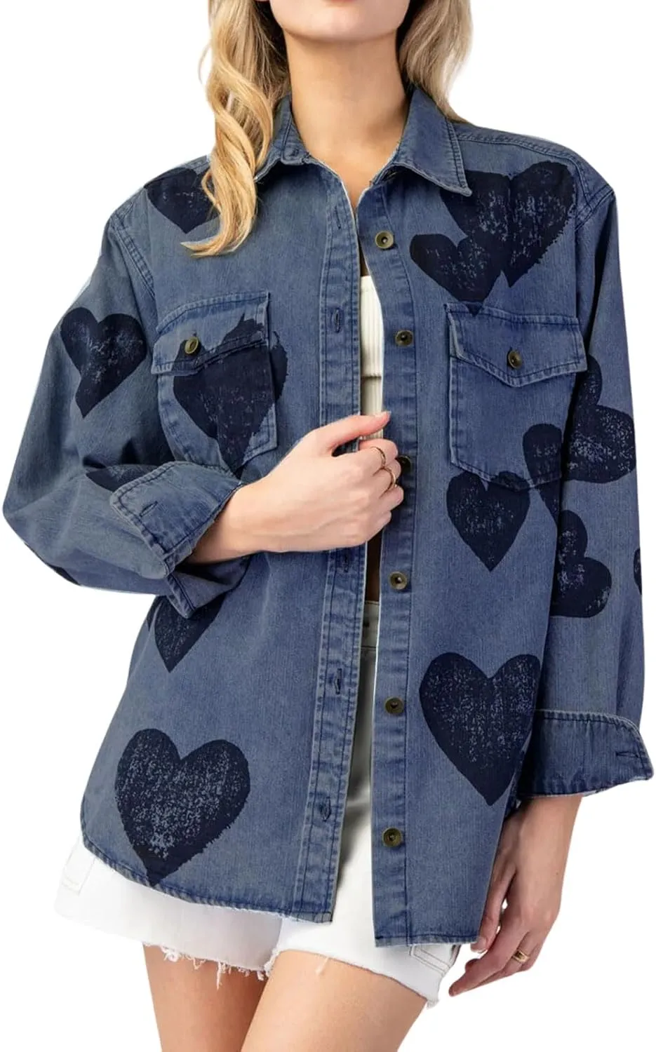 CHARTOU Women Long Sleeve Denim Shirts Jacket Lightweight Heart Button Down Jean Jacket Oversized Lapel Coat