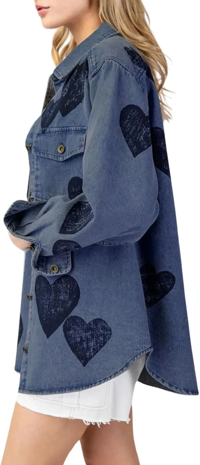 CHARTOU Women Long Sleeve Denim Shirts Jacket Lightweight Heart Button Down Jean Jacket Oversized Lapel Coat