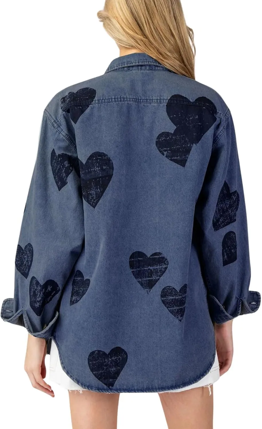 CHARTOU Women Long Sleeve Denim Shirts Jacket Lightweight Heart Button Down Jean Jacket Oversized Lapel Coat